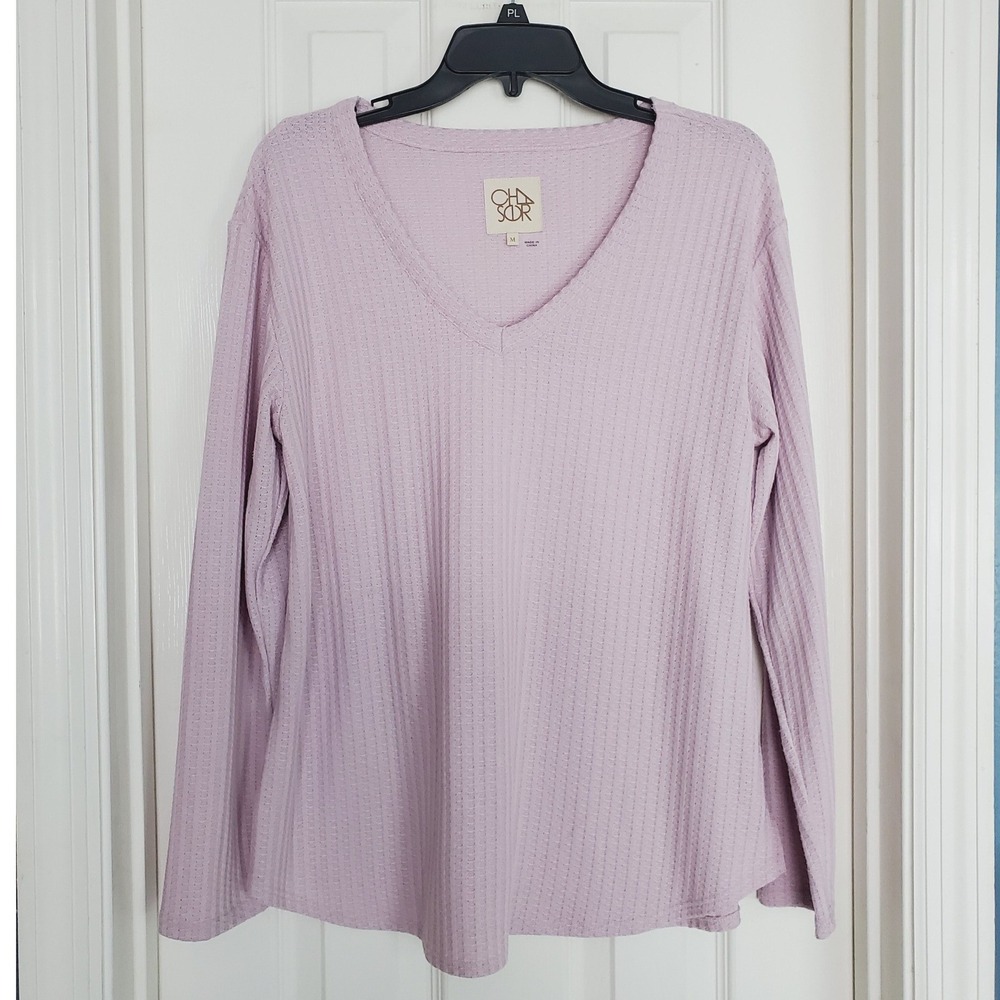 Chaser Pastel Thermal V-Neck Long Sleeve Top Lavender Waffle Knit Casual M